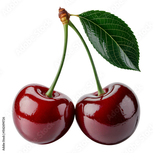 Pair of Fresh Red Cherries with Leaf