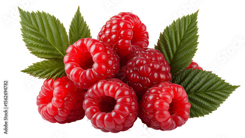 Fresh Raspberries with Green Leaves
