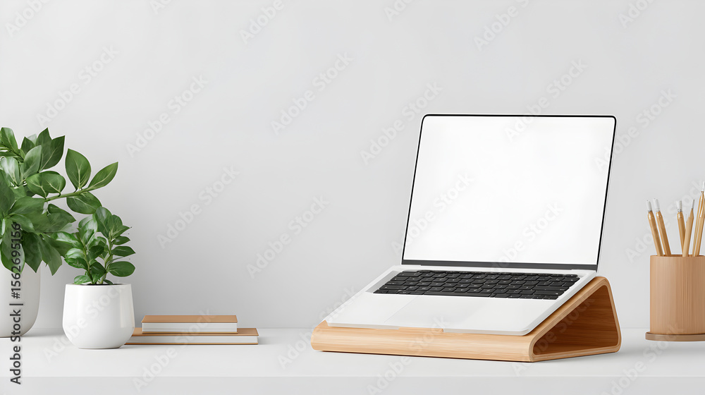 Fototapeta premium a laptop on wooden desk, with a clean, minimalist aesthetic, featuring a blank screen, plants and some pencils
