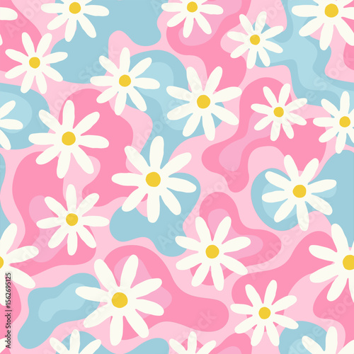 Retro daisy flower seamless pattern with pink and blue abstract background
