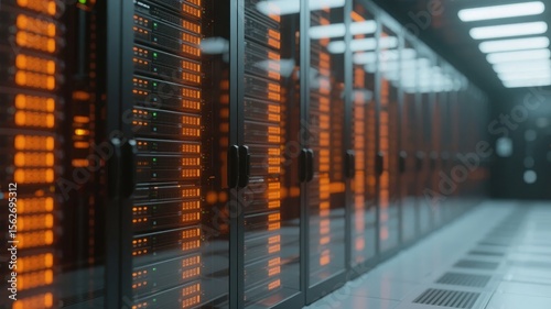 Server Room with Illuminated Racks and Cooling Vents