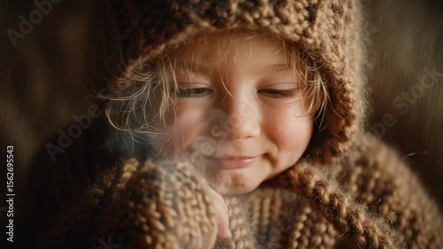 close-up of a child holding a warm mug with both hands, steam rising, cozy morning mood, cinematic bokeh background, soft focus on face, natural light, warm tones