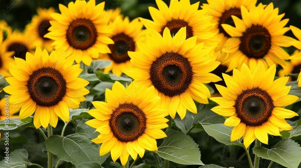 Fototapeta premium A vibrant sunflower field with yellow and orange flowers, green leaves, and a blurred background.