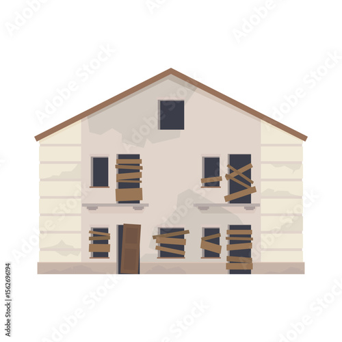 An illustration of a run-down house that is in disrepair, with boarded-up windows and faded walls. This vector image conveys the essence of abandonment and desolation.