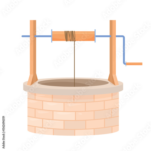Illustration of an old well with a sturdy wooden structure and pulley system, on a clean white background highlighting its rustic simplicity and charm.