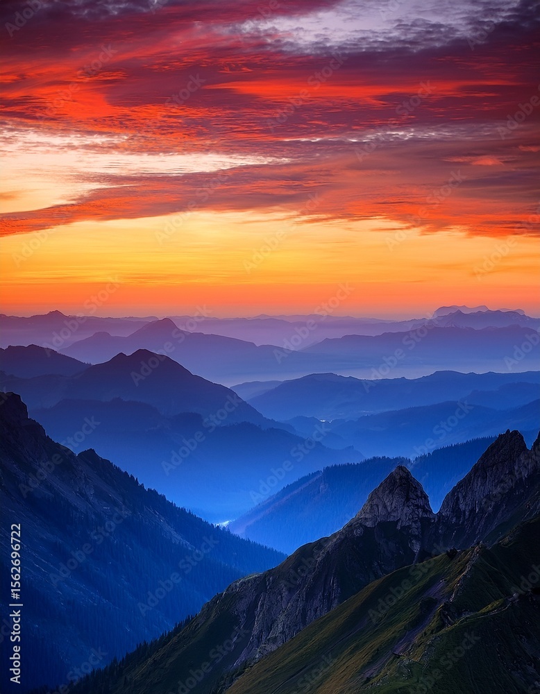 Mountain landscape silhouette at sunrise, dramatic sky colors Mountain landscape silhouette at sunrise, dramatic sky colors