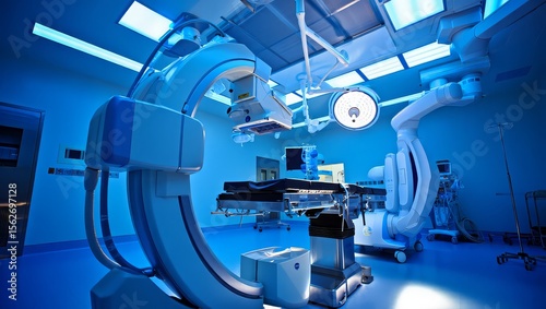 Modern operating room with advanced medical imaging equipment and surgical lights