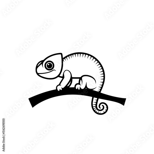 Simple icon of a small chameleon standing on a curved branch representing nature, reptiles, and tropical wildlife.