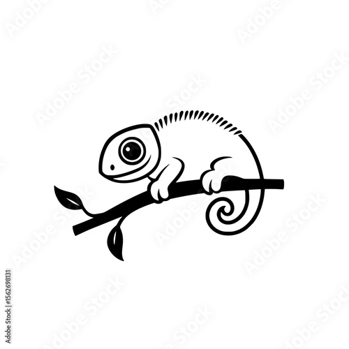 Black icon of a curled-tail chameleon sitting on a branch representing exotic animals, nature, or wildlife.