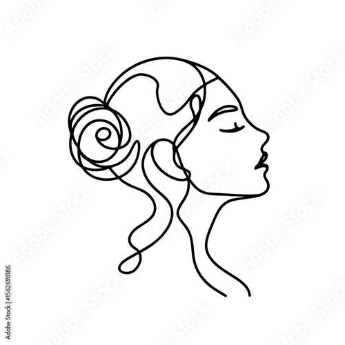 one line art mono line girl  side view