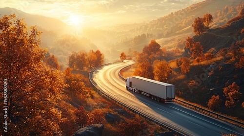 White logistics truck driving on a winding highway through a beautiful autumn landscape, with golden sunlight casting long shadows and realistic lens flare in a wide-angle shot.
