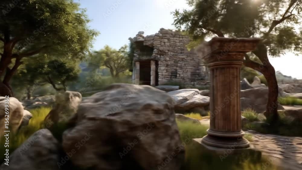 Ancient Ruins Journey: Exploring Stone Pathways and Classical Architecture in a Sunny Landscape Ancient Ruins Journey: Exploring Stone Pathways and Classical Architecture in a Sunny Landscape