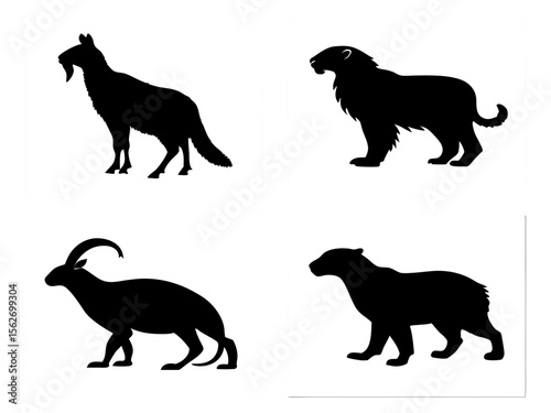 Collection of four black animal silhouettes on white backgrounds
