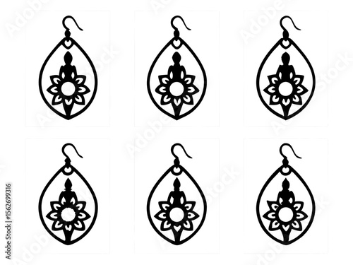 Six black and white cutout earrings featuring a buddha silhouette within a floral design