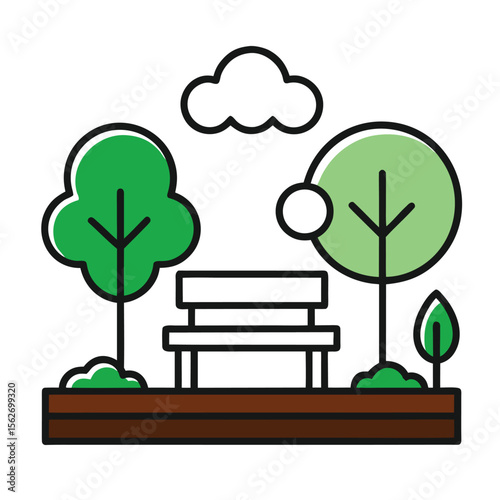 Green Park Bench Thin Line Real Estate Vector Icon. Bench and trees vector illustration