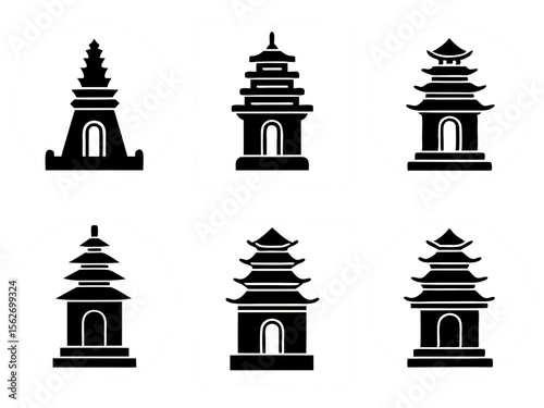 Collection of six black silhouette pagoda icons on orange background