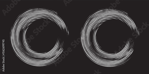 Halftone circular dotted frames set. Circle dots texture isolated on white background. Spotted spray texture. Vector abstract design element spiral circle sound wave vector logo