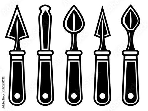 Collection of five black and white stylized carving tools or chisels on a white background