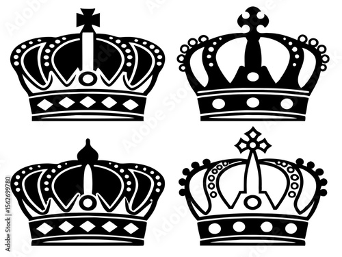 Collection of four stylized black and white royal crowns on white background