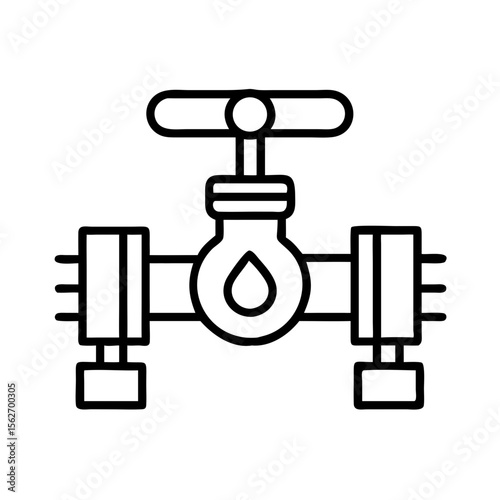 Water and pipe icon. Flow control tap with drop symbol. Urban water supply concept. Black and white outline vector illustration.