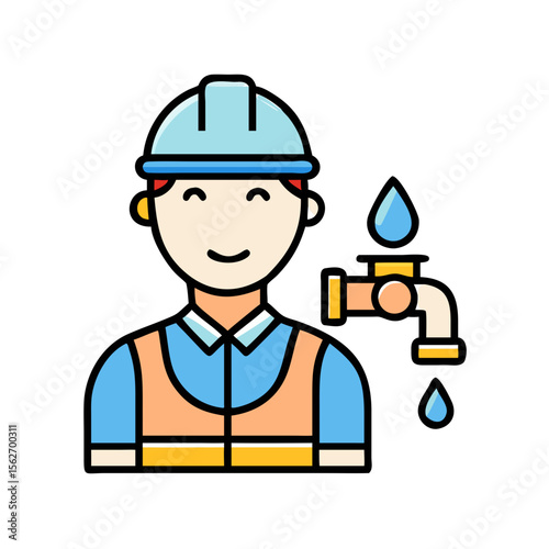 Smiling man wearing hard hat with water tap and drop icon. Urban water supply and plumbing service concept. Vector icon for app, web.