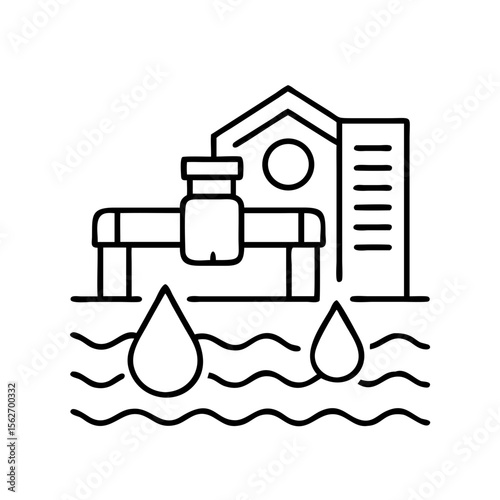 Water purification plant with drops symbol and house. Water treatment and supply system. Urban infrastructure. Vector icon in outline style