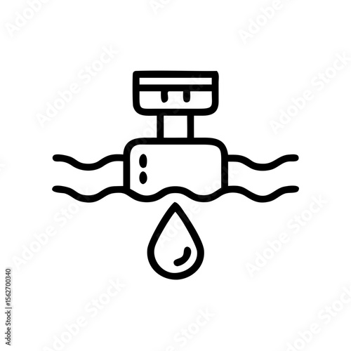 Water pipe valve with drop, depicting water supply and leak. Urban infrastructure concept. Outline style vector icon for app or website