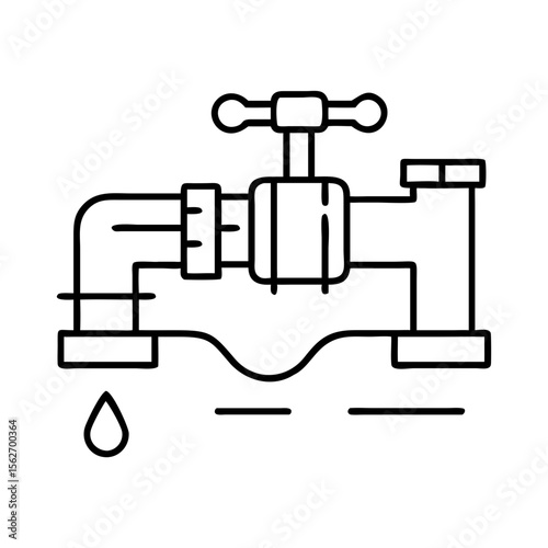 Leaking water faucet with a dripping water drop signifying water waste problem. Urban water supply concept. Vector icon for infographic, app, website