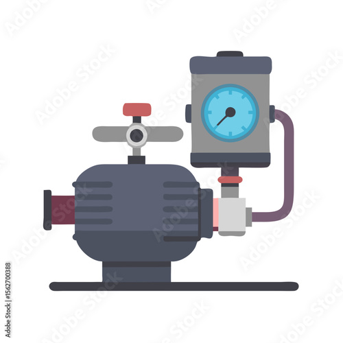 Water pump with pressure gauge and valve. Urban water supply system, control, pipeline engineering concept. Flat vector illustration