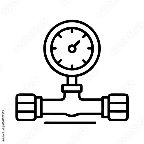 Pressure gauge connected to pipe with leak. Urban water supply system problem symbol. Vector outline icon for app, web design, plumbing service