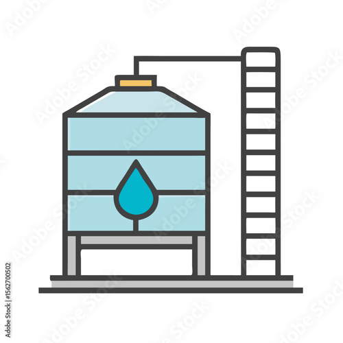 Water tank for urban supply system with drop symbol and ladder. Modern flat line style vector illustration for infrastructure icon design