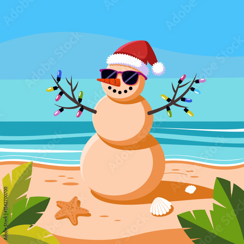 Santa beach vector featuring a snowman in sunglasses and a Santa hat on a tropical beach. Suitable for holiday designs.