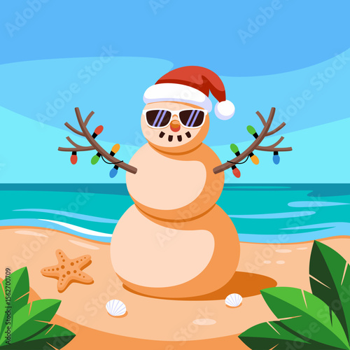 Santa beach vector featuring a snowman in sunglasses and a Santa hat on a tropical beach. Suitable for holiday designs.