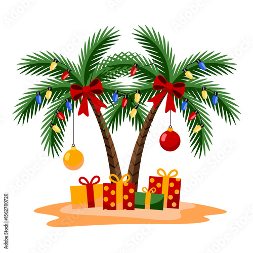 Santa beach vector with two decorated palm trees, presents on a sunny sandy beach. Festive holiday concept for summer designs. Great for Christmas in July marketing.
