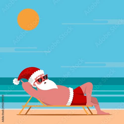 Santa beach vector jolly st nick sunbathes in sunglasses on a beach chair. Suitable for holiday greetings, summer promotions, and festive designs.