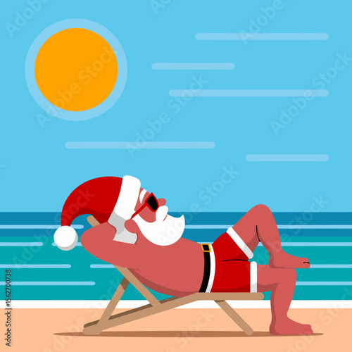 Santa beach vector jolly st nick sunbathes in sunglasses on a beach chair. Suitable for holiday greetings, summer promotions, and festive designs.