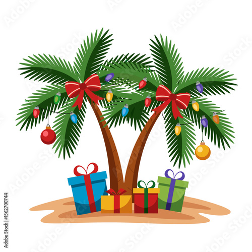Santa beach vector with two decorated palm trees, presents on a sunny sandy beach. Festive holiday concept for summer designs. Great for Christmas in July marketing.