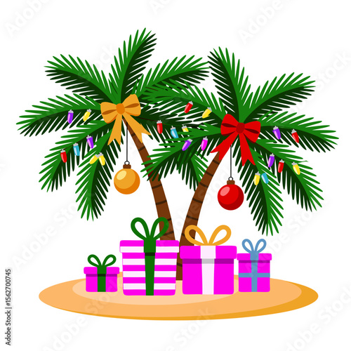 Santa beach vector with two decorated palm trees, presents on a sunny sandy beach. Festive holiday concept for summer designs. Great for Christmas in July marketing.