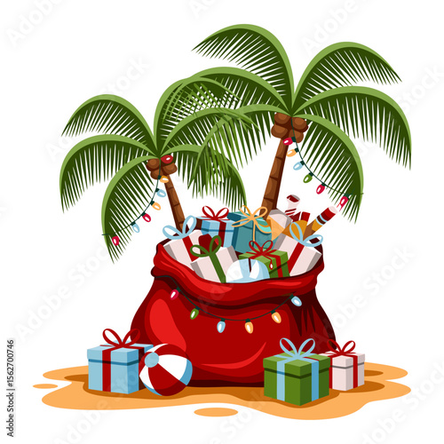 Santa beach vector overflowing with gifts under palm trees. Suitable for Christmas vacation promotions, tropical holiday designs, festive greeting cards.
