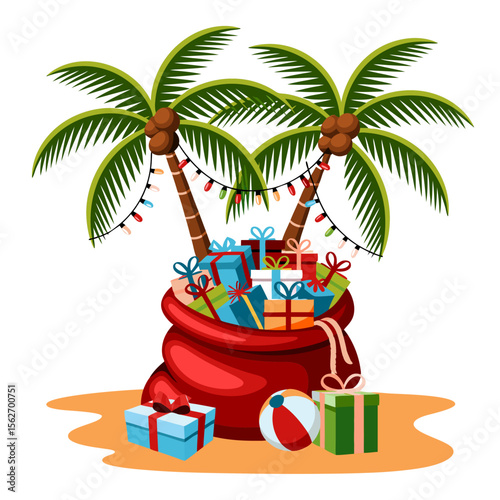 Santa beach vector overflowing with gifts under palm trees. Suitable for Christmas vacation promotions, tropical holiday designs, festive greeting cards.
