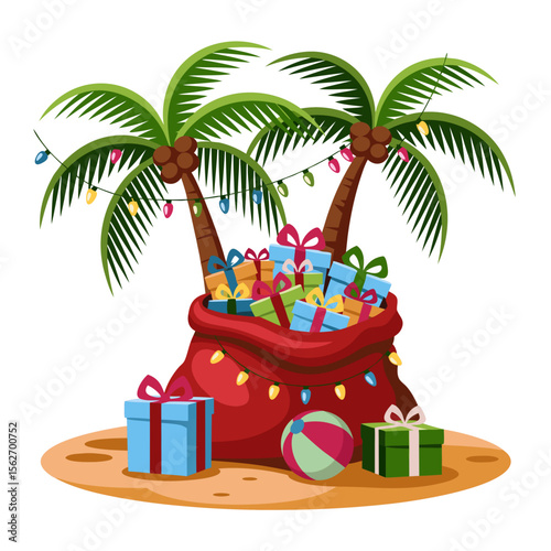 Santa beach vector overflowing with gifts under palm trees. Suitable for Christmas vacation promotions, tropical holiday designs, festive greeting cards.