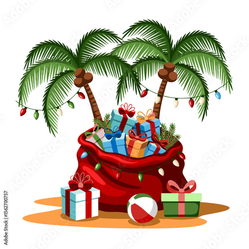 Santa beach vector overflowing with gifts under palm trees. Suitable for Christmas vacation promotions, tropical holiday designs, festive greeting cards.
