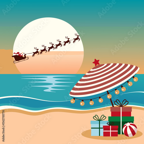 Santa beach vector with presents, jolly saint nick flying over a beach & striped umbrella. Ideal for holidaythemed designs.