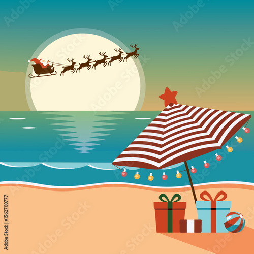 Santa beach vector with presents, jolly saint nick flying over a beach & striped umbrella. Ideal for holidaythemed designs.