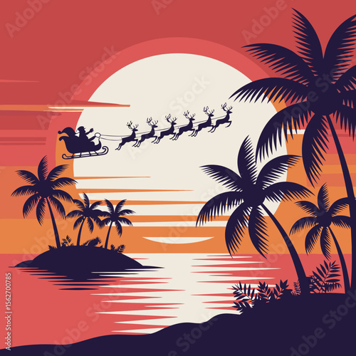 Santa beach vector with Santas sleigh over a tropical sunset island beach. Suitable for Christmasthemed designs, greeting cards, and holiday promotions.