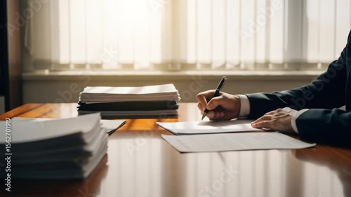 Businessman signs documents at desk with stacks of paperwork in bright office