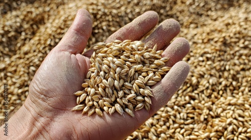 A hand holding a handful of wheat seeds against a backdrop of wheat grains.