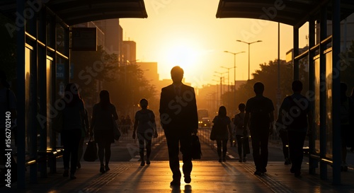 Silhouetted figures walk towards a vibrant sunset, creating a dramatic urban scene at a city bus stop.