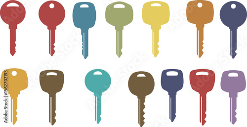Diverse Car Keys and Key Fobs: Colorful Traditional and Modern Vehicle Remote Entry System Silhouettes for Automotive Concepts.