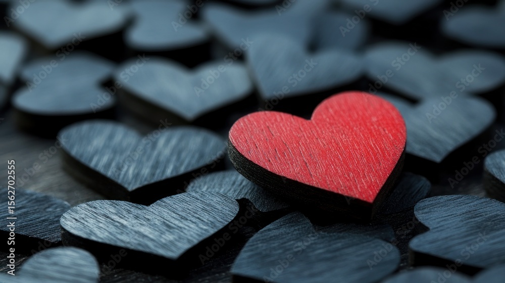 Obraz premium Single red heart among many dark hearts.